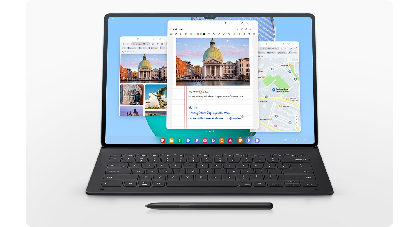 К планшету Galaxy Tab вы можете легко подключить беспроводную клавиатуру и работать на нём как на экране ноутбука. На экране видны три окна разного размера, в каждом из которых отображается отдельная задача, связанная с планированием поездки — окно с поиском изображения, окно с картой Google и список мест для посещения. Перед планшетом лежит электронное перо S Pen.