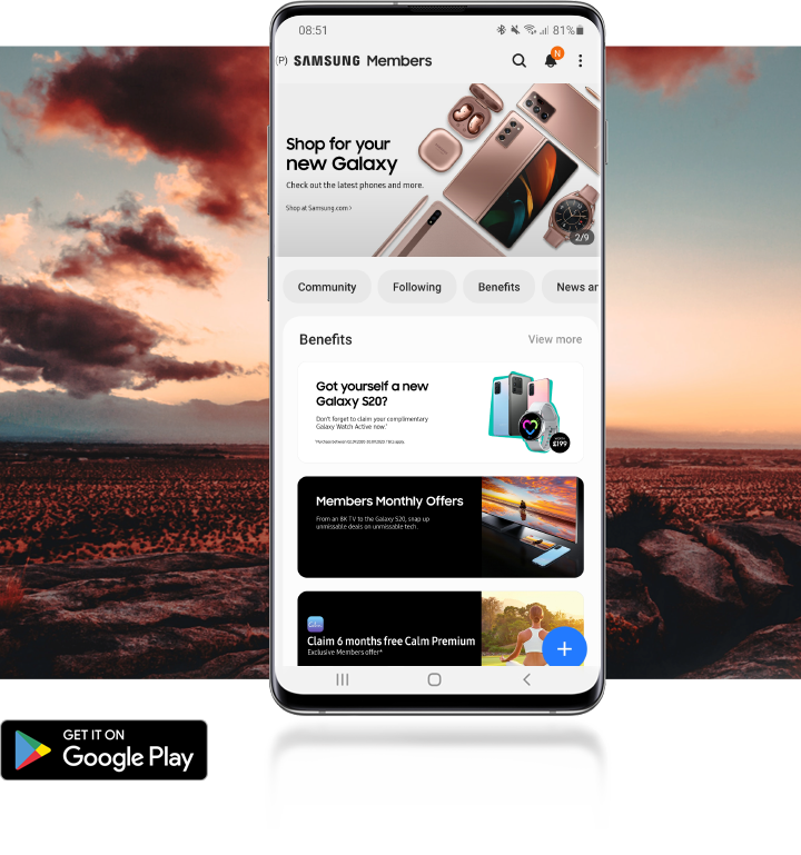 Мобильное приложение Samsung Members и иконка загрузки Google play