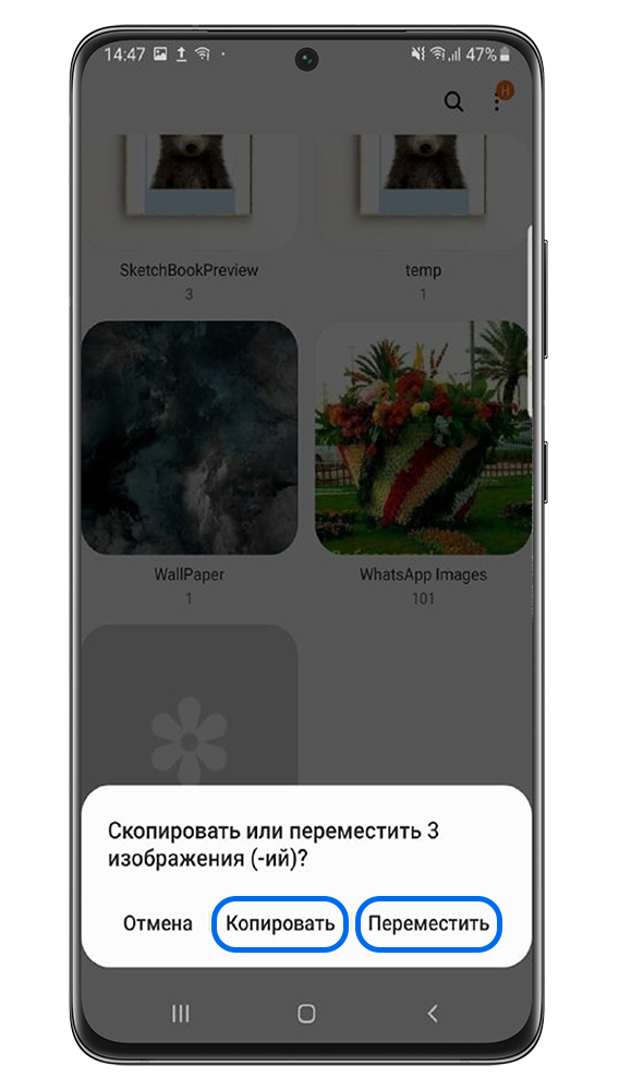 Подтвердите перемещение изображений. Нажмите Копировать, чтобы файлы продублировались в новый альбом и остались в старом. Нажмите Переместить, чтобы файлы оказались только в новом альбоме.