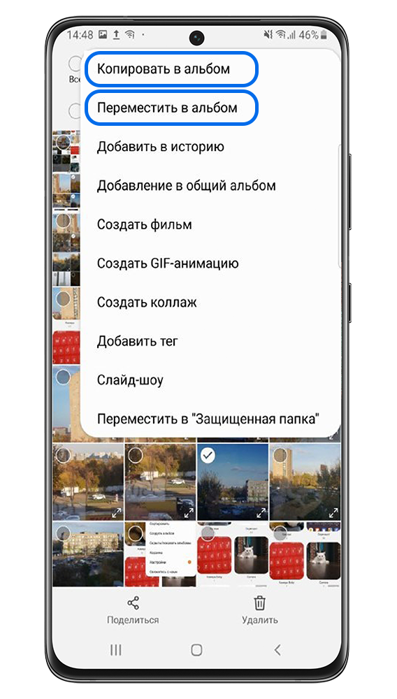 Нажмите Копировать, чтобы файлы дублировались в новый альбом и остались в старом. Нажмите Переместить, чтобы файлы оказались только в новом альбоме.