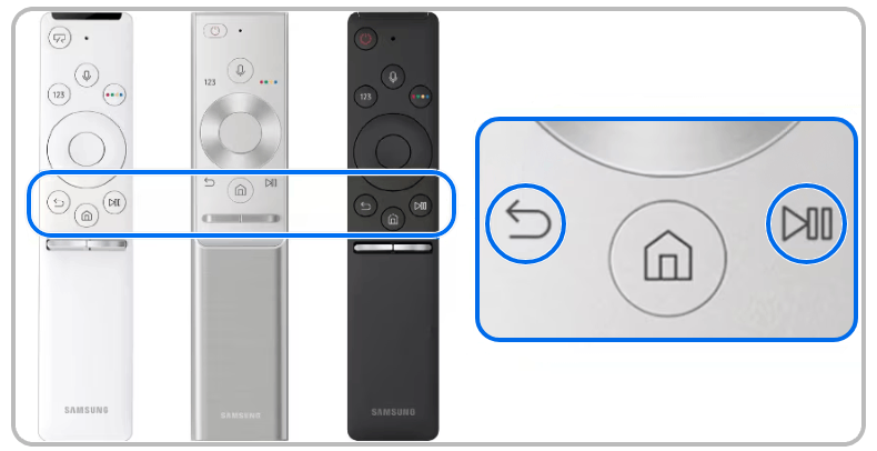 Кнопки для повторного сопряжения Samsung Smart Control. Комбинация относится к показанному типу пульта; у другой марки она может быть иной.