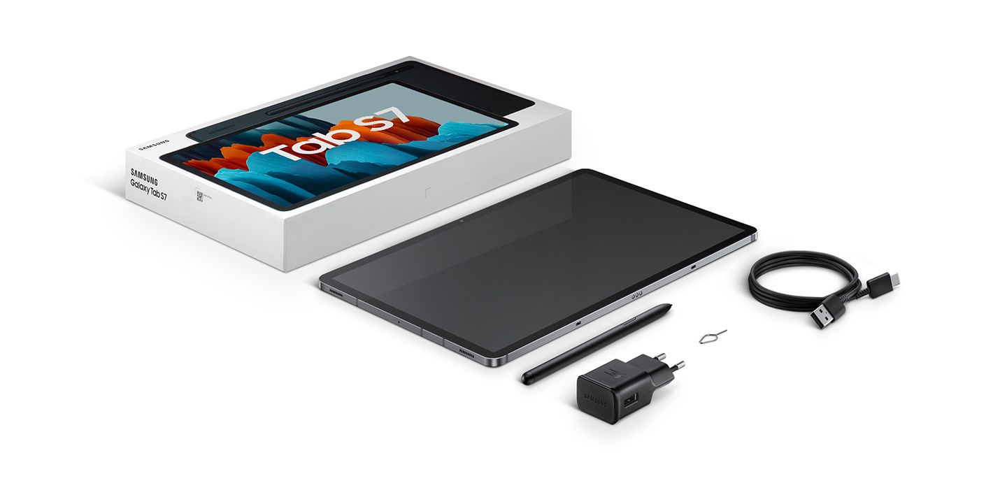 Элементы, входящие в комплект поставки Galaxy Tab S7+. Упаковка, S Pen, адаптер, наушники, ушные вкладыши, кабель для передачи данных и выталкиватель SIM-карты.