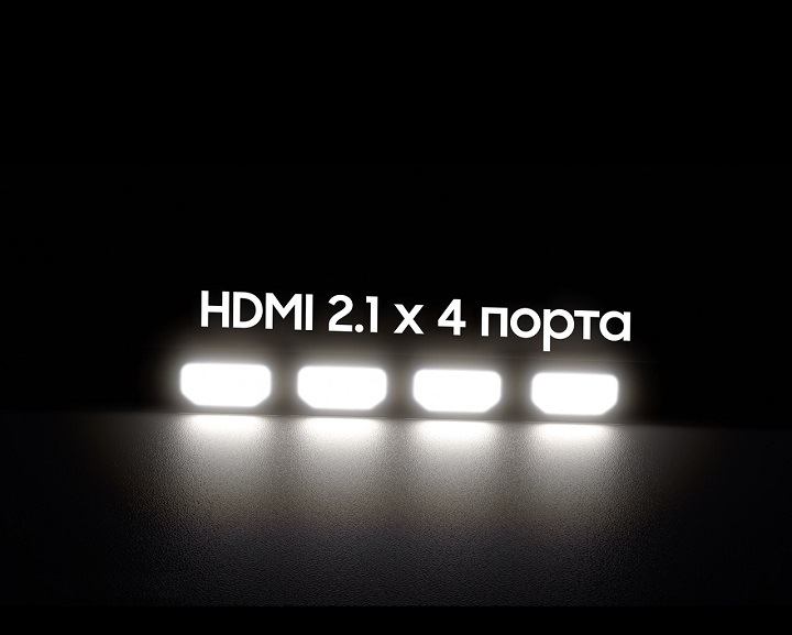В каждый из 4-х портов влетает по 4 кабеля HDMI 2.1. Затем 3 настольных ПК и один ноутбук демонстрируются на фоне гоночной игры.