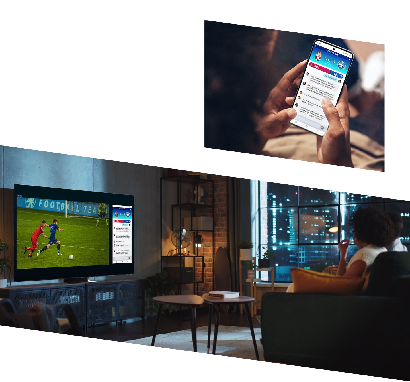 Люди смотрят футбольный матч на Smart TV, один из их смартфонов, на экране которого отображается поток комментариев, дублируется на экране телевизора с помощью функции Multi View, позволяющей им видеть оба экрана одновременно.