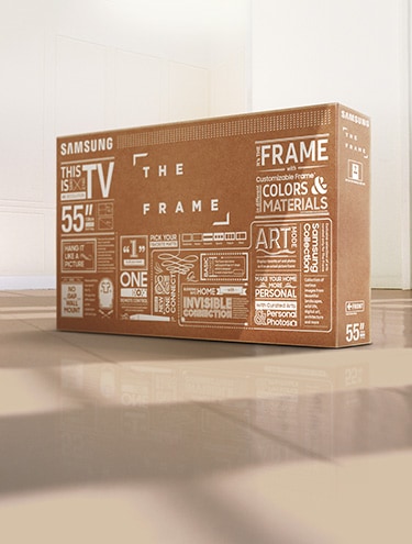 A box for The Frame is standing in the middle of a room.