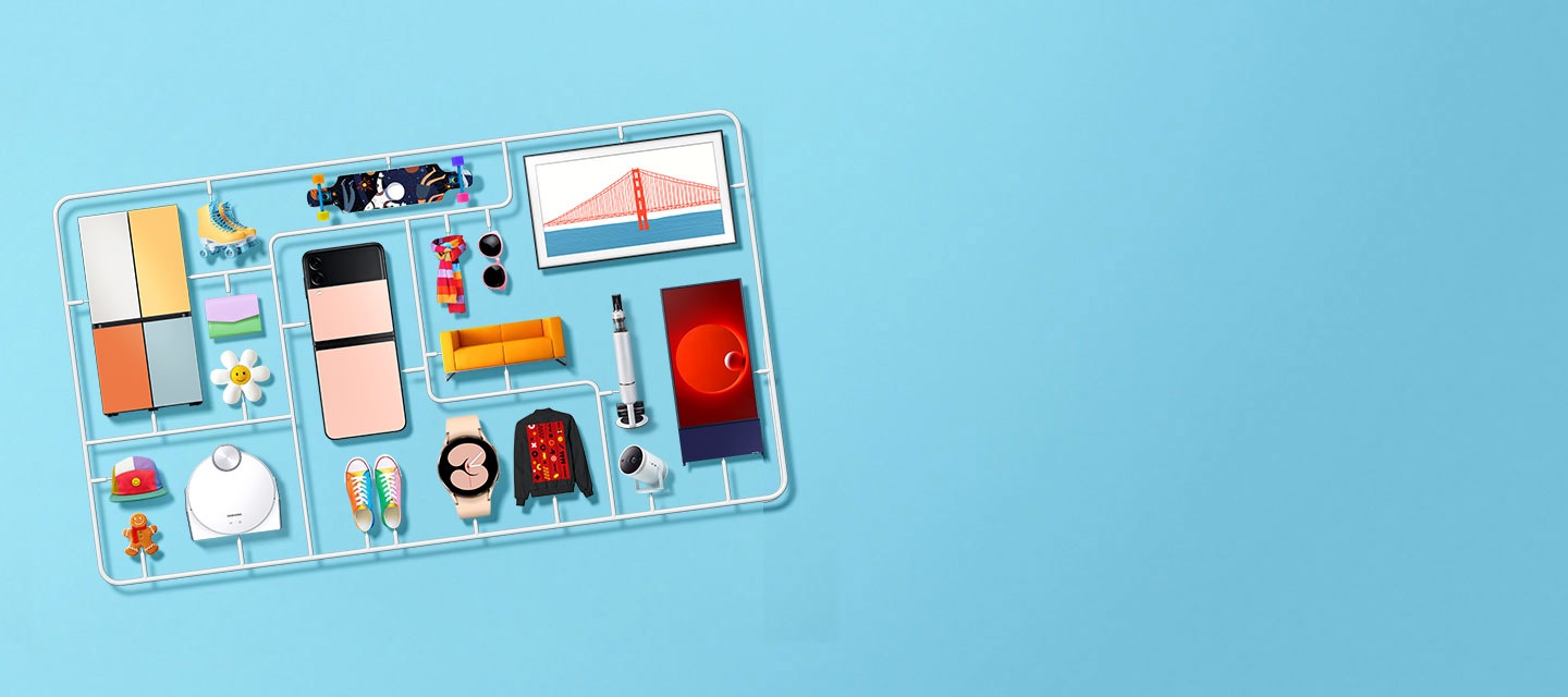 A plastic toy-style grid with a variety of items including a Bespoke fridge, the Frame TV, Galaxy Z Flip3 Bespoke Edition, Galaxy Watch4 and lifestyle items including a longboard, a hat, sunglasses, a scarf, rollerskates and more.