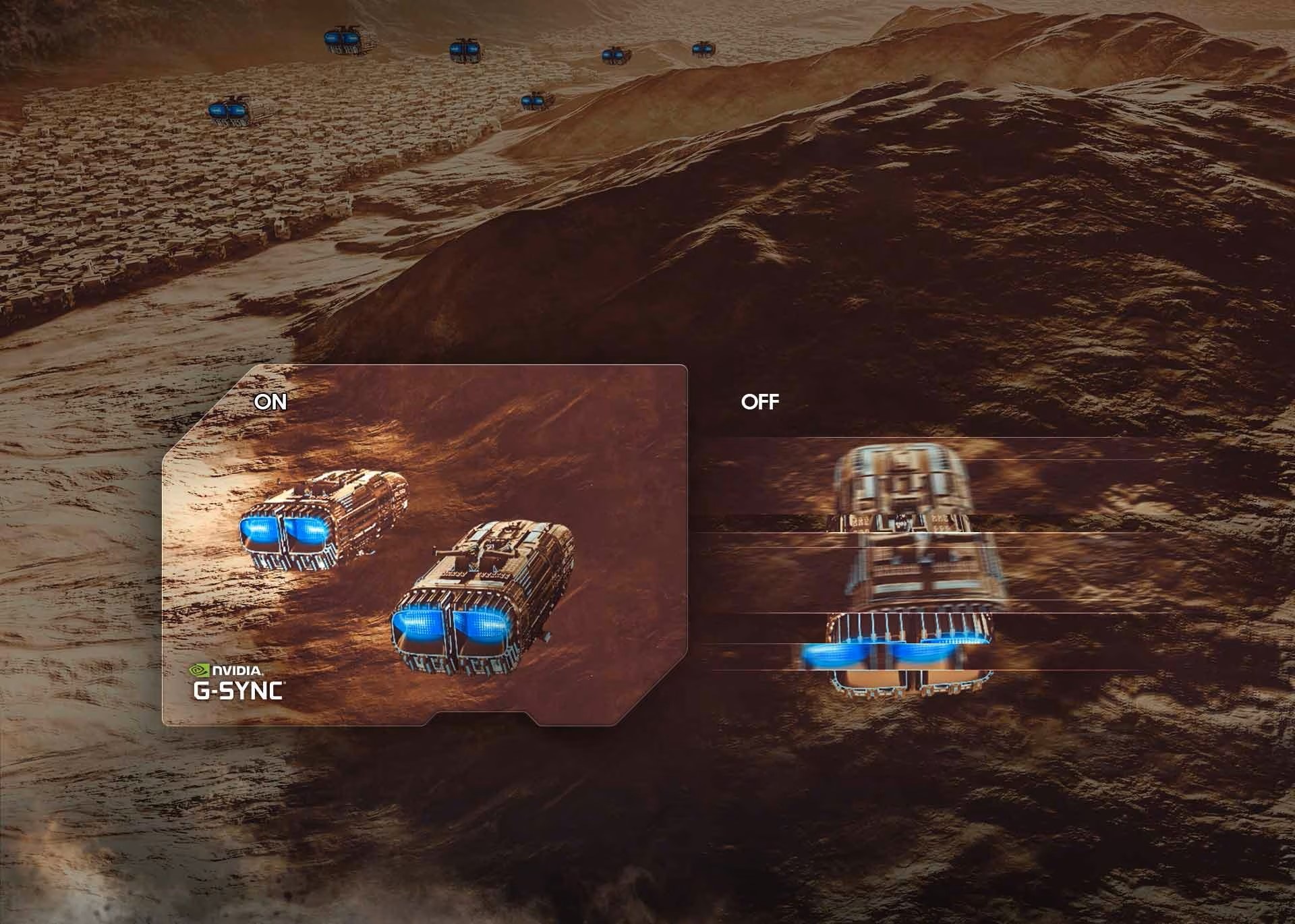 Three spaceships with blue neon light emitting from their backs fly over rocky terrain. The two ships on the left appear smooth and show the words “ON” above and “NVIDIA G-SYNC” logo below. The right ship appears disconnected, and the word “OFF” appears above it. 