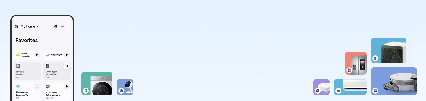 امرأة تحمل هاتفاً ذكياً وترتدي ساعة Galaxy Watch على معصمها. يمكن أيضاً رؤية ميزات 'SmartThings': رعاية حيوانك الأليف، والعمل من المنزل، والحفاظ على لياقتك وصحتك، وتهيئة الحالة المزاجية.