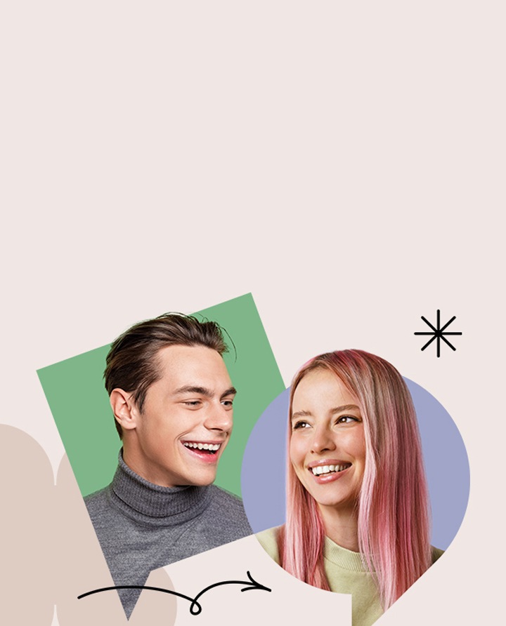A man and a woman are smiling, with various geometric shapes and arrow graphics surrounding them.