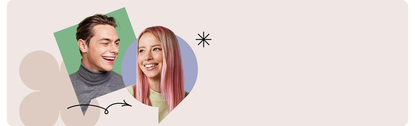 A man and a woman are smiling, with various geometric shapes and arrow graphics surrounding them.