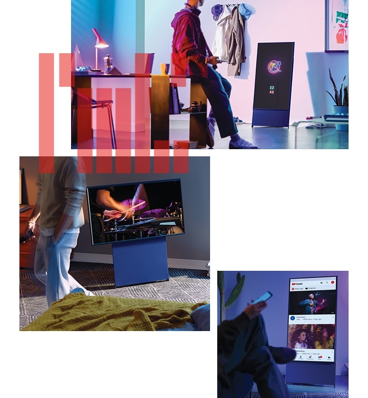 The Seroproducts are shown to inform how to use The seroin a variety of ways. The image shows a consumer following the yoga posture of SNS through mobile mirroring, and how the seroscreen rotates, and a consumer enjoying vertical youtubecontent through the mobile mirroring.