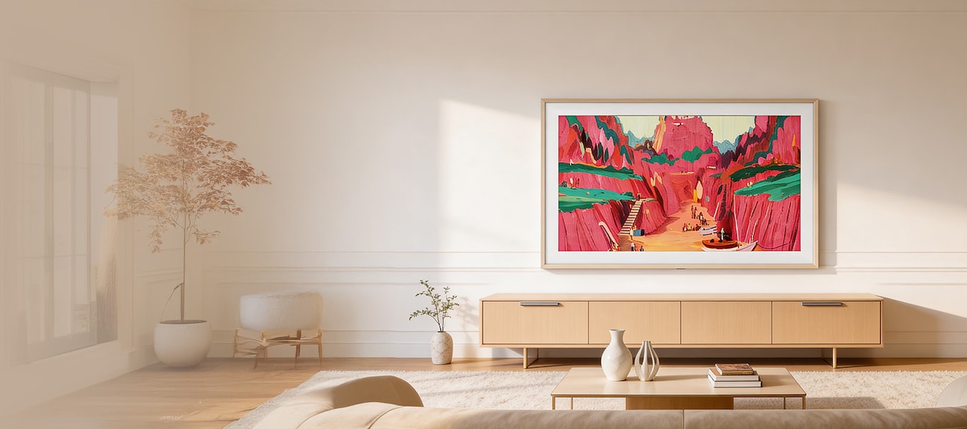A blank TV sits alone. A vivid blue abstract landscape appears on screen. The TV suddenly moves to occupy a central position surrounded by four other TV models. Text below reads Samsung Vision AI is here. QLED, Neo QLED, Neo QLED 8K, OLED, and The Frame.