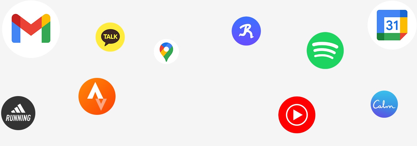Icons of different apps are placed here and there to illustrate the availability of various third-party apps on Galaxy Watch6 Classic.