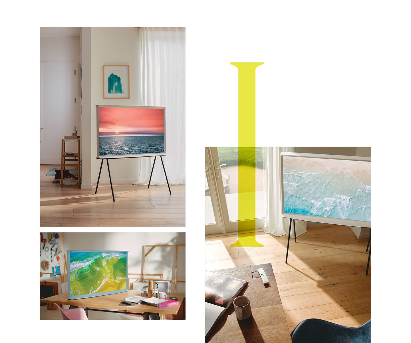 The Serif products are shown in three stylish rooms, two on detachable stands and one on a tabletop, and all showing beautiful ocean images onscreen.