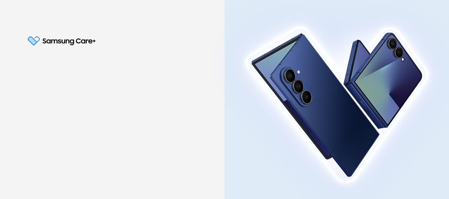 Samsung Care+ logo is shown. Galaxy Z Fold7 and Galaxy Z Flip7 in Blue Shadow are floating and slightly unfolded, showing the back sides.  