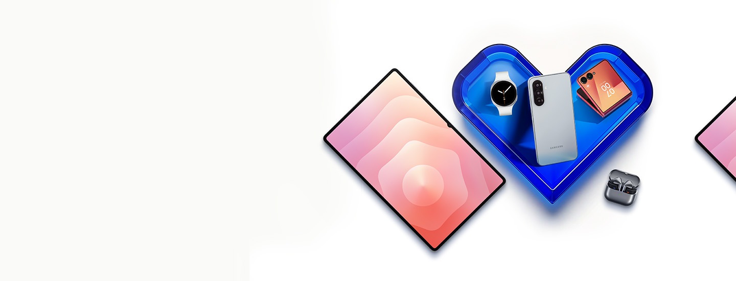 Samsung Care+ logo is shown. Galaxy Z Fold7 and Galaxy Z Flip7 in Blue Shadow are floating and slightly unfolded, showing the back sides.  