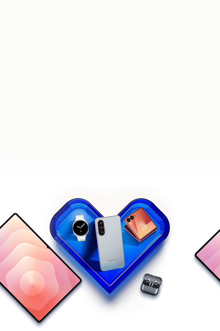 Samsung Care+ logo is shown. Galaxy Z Fold7 and Galaxy Z Flip7 in Blue Shadow are floating and slightly unfolded, showing the back sides.  