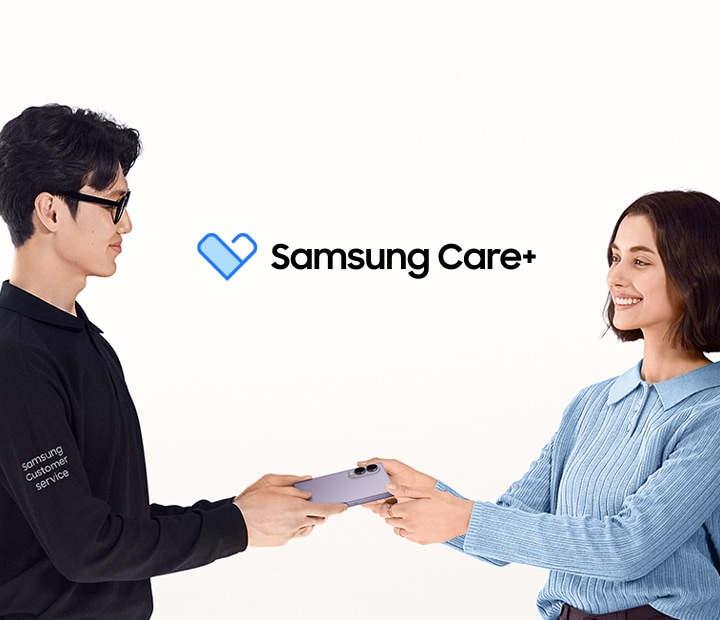 Samsung Care+ logo is shown. Galaxy Z Fold7 and Galaxy Z Flip7 in Blue Shadow are floating and slightly unfolded, showing the back sides.  