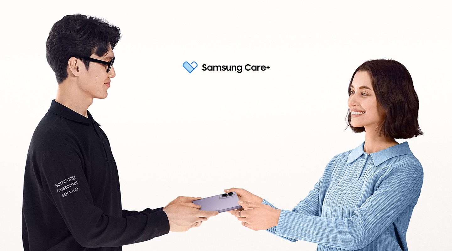 Samsung Care+ logo is shown. Galaxy Z Fold7 and Galaxy Z Flip7 in Blue Shadow are floating and slightly unfolded, showing the back sides.  