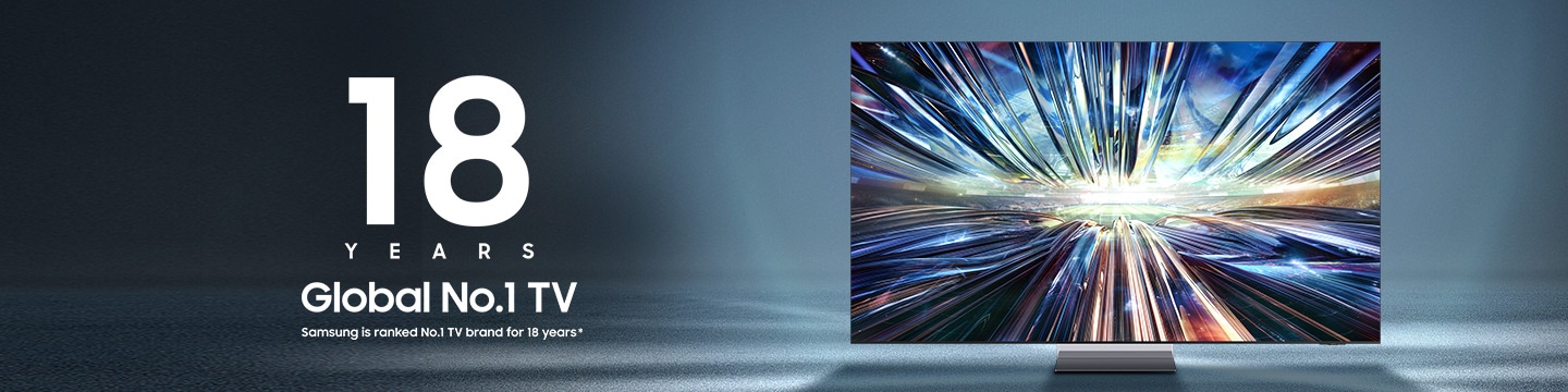 Samsung TV with a brilliant metallic design displayed. Logo indicating Samsung is ranked No.1 TV brand for 18 years.
