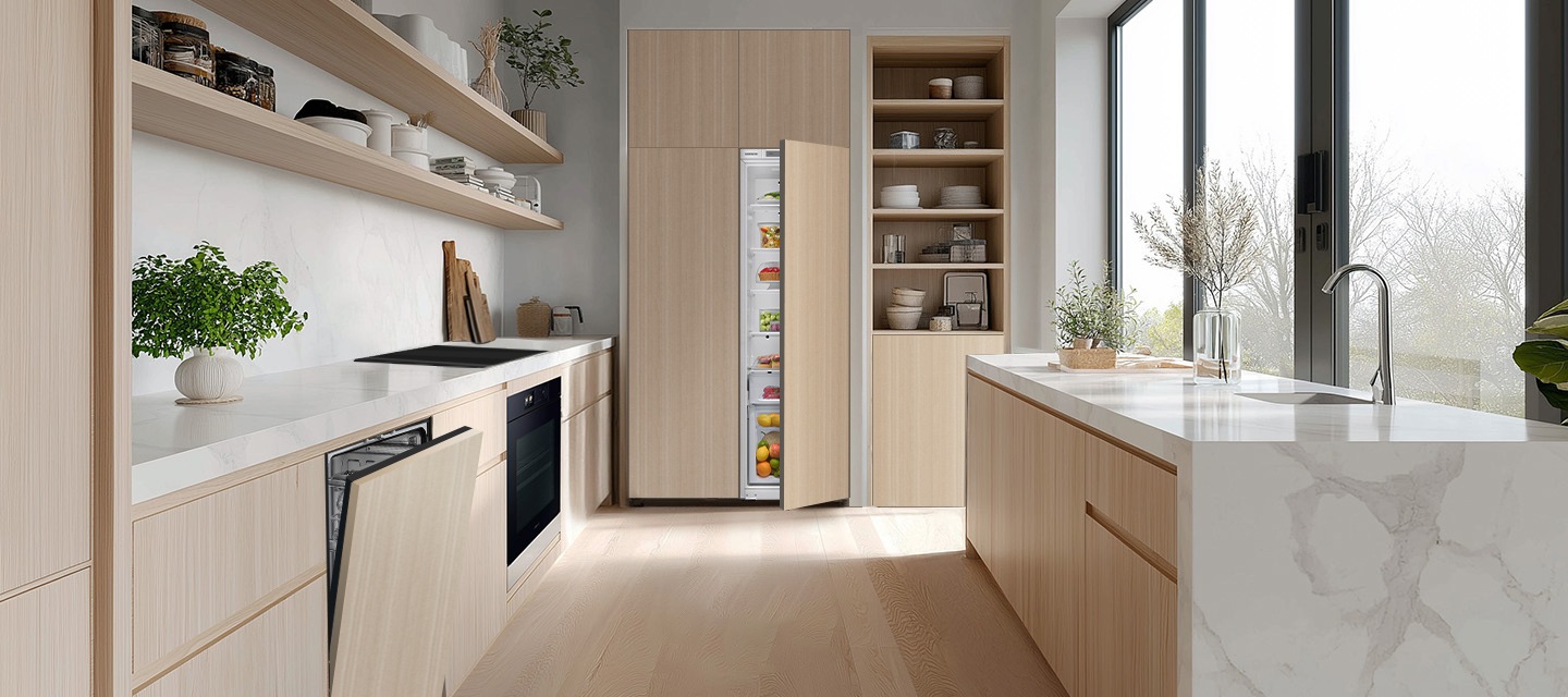 A light kitchen with wooden panels with an open dishwasher and a refrigerator door