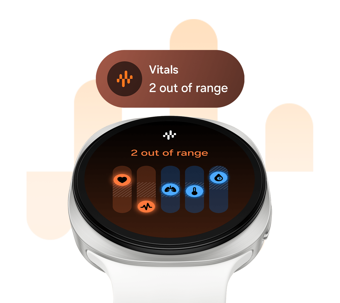 Galaxy Watch9 i Cream med ett Sport Band i Cream, lätt vinklad uppåt, med gränssnittet för spårning av vitalvärden på skärmen med texten 'Vitals 2 out of range'. Ovanför finns en vitalvärdesruta med texten '2 out of range'.