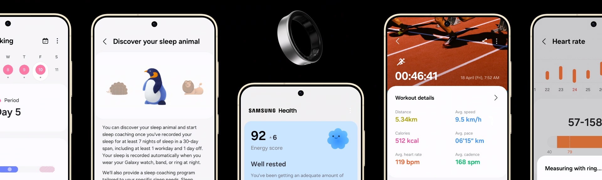 En Galaxy Ring vrider sig och texten Galaxy AI är här visas. En stjärnikon är bredvid texten AI. Fem smartphones visas också, med GUI för cyckelspårning, sömncoachning, Samsung Health, träningsdetaljer, hjärtfrekvensfunktioner på skärmen.