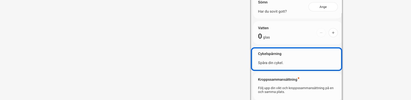 Widgeten för cykelspårning är nu vald i Samsung Health