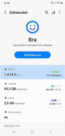 Välj batteriikonen under telefonvård.