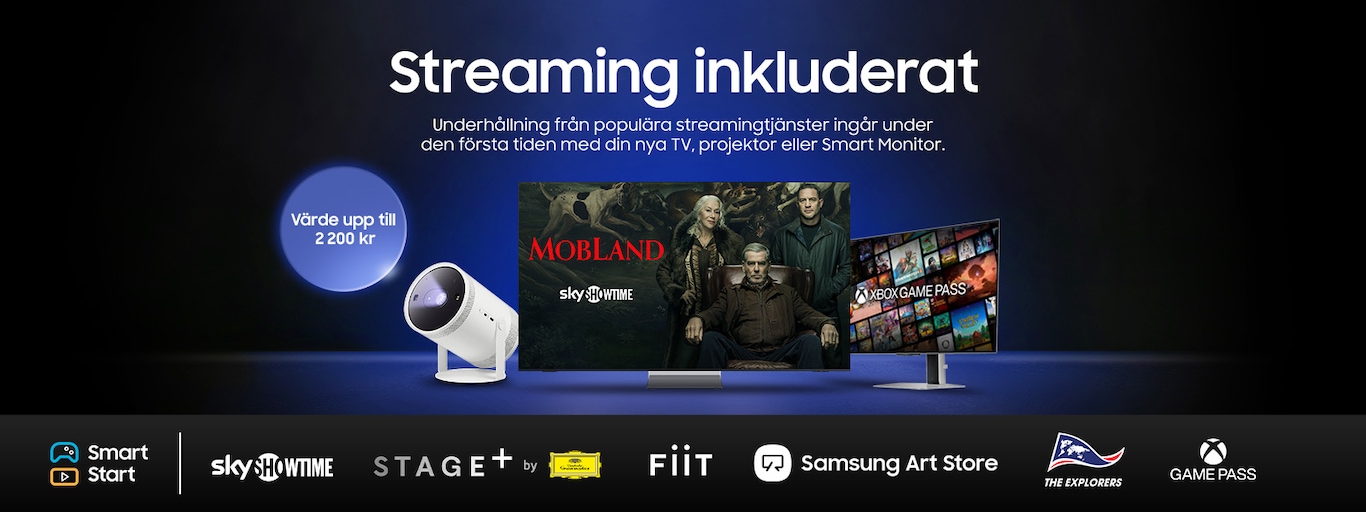 Smart Start: streaming ingår första tiden med ny TV, projektor eller Smart Monitor. Värde upp till 2 200 kr.