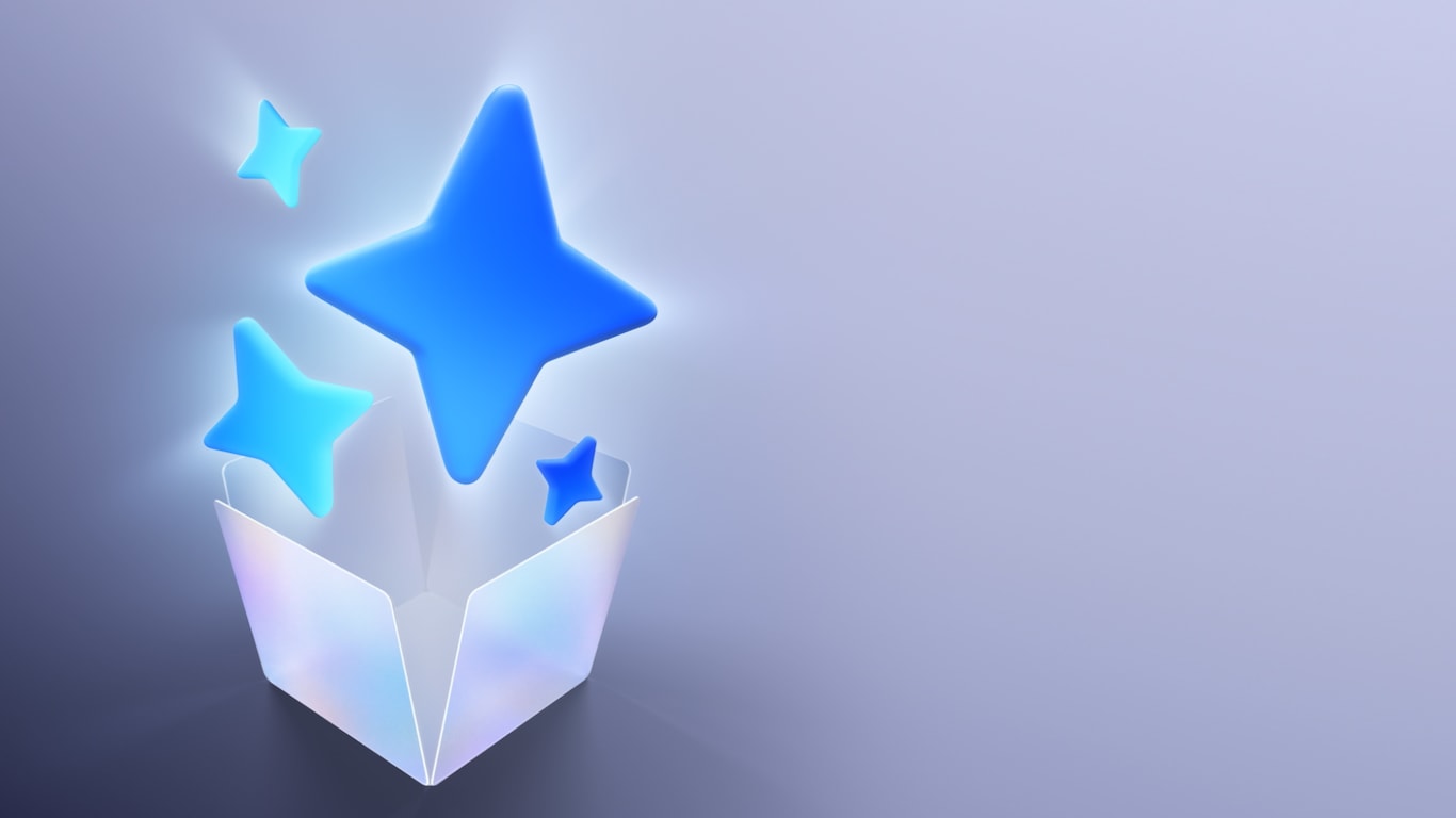 A light illuminates within a box. The box begins to spin and some sides turn transparent. Stars can be seen inside the box. It spins again and tumbles across text that says Galaxy AI. The box stops and opens, and the Galaxy AI starburst appears out of the top of the box.