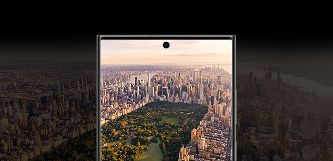 Galaxy S23 Ultra: виден спереди на детализированном виде с воздуха на Центральный парк Манхэттена.
