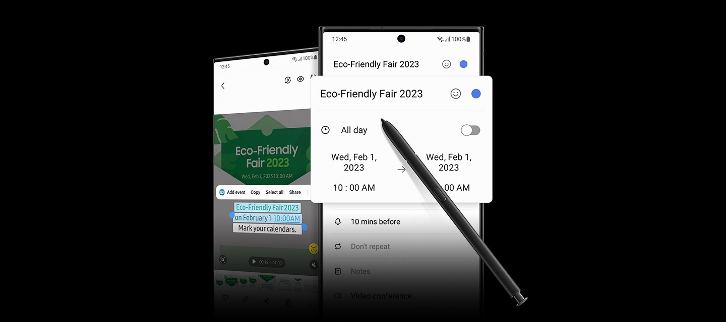 Два телефона Galaxy S23 Ultra, вид спереди. На одном устройстве на экране – электронное приглашение на Эко Фестиваль 2023. На другом устройстве S Pen наводит курсор на приложение «Календарь», которое собрало выделенную информацию о событии из электронного приглашения и создало с ней новую запись в календаре.