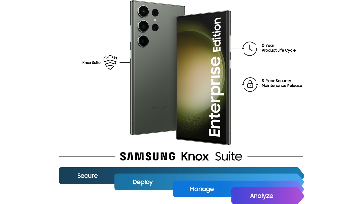 Два устройства Galaxy S23 Ultra, вид спереди и сзади. Samsung Knox Enterprise Edition поставляется с 2-летним жизненным циклом продукта и 5-летним выпуском обновлений безопасности. Samsung Knox Suite позволяет вам защищать, внедрять и анализировать ваш парк устройств.