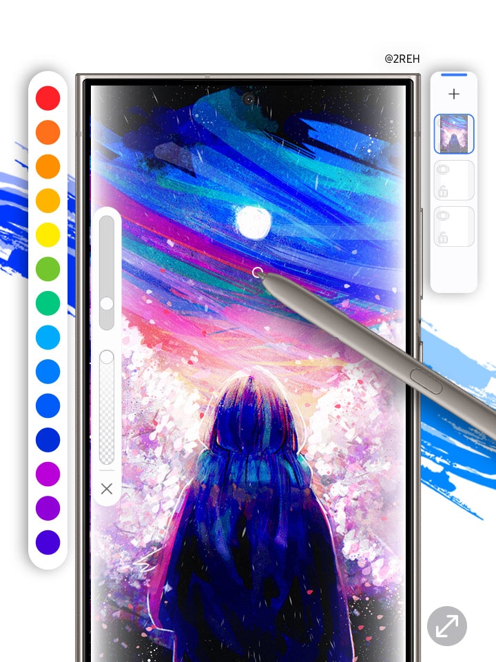 A digital artwork featuring a woman is showcased on a smartphone screen drawn by 2REH. The S-Pen applies a diverse range of colours, with colour options on display next to the smartphone screen.