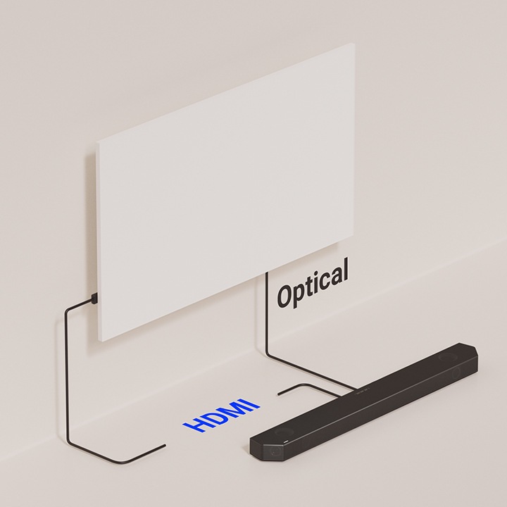 There is an illustration to demonstrate how a soundbar can be connected to a TV with cables. There are two lines connecting the two devices - one is HDMI and the other is optical. 