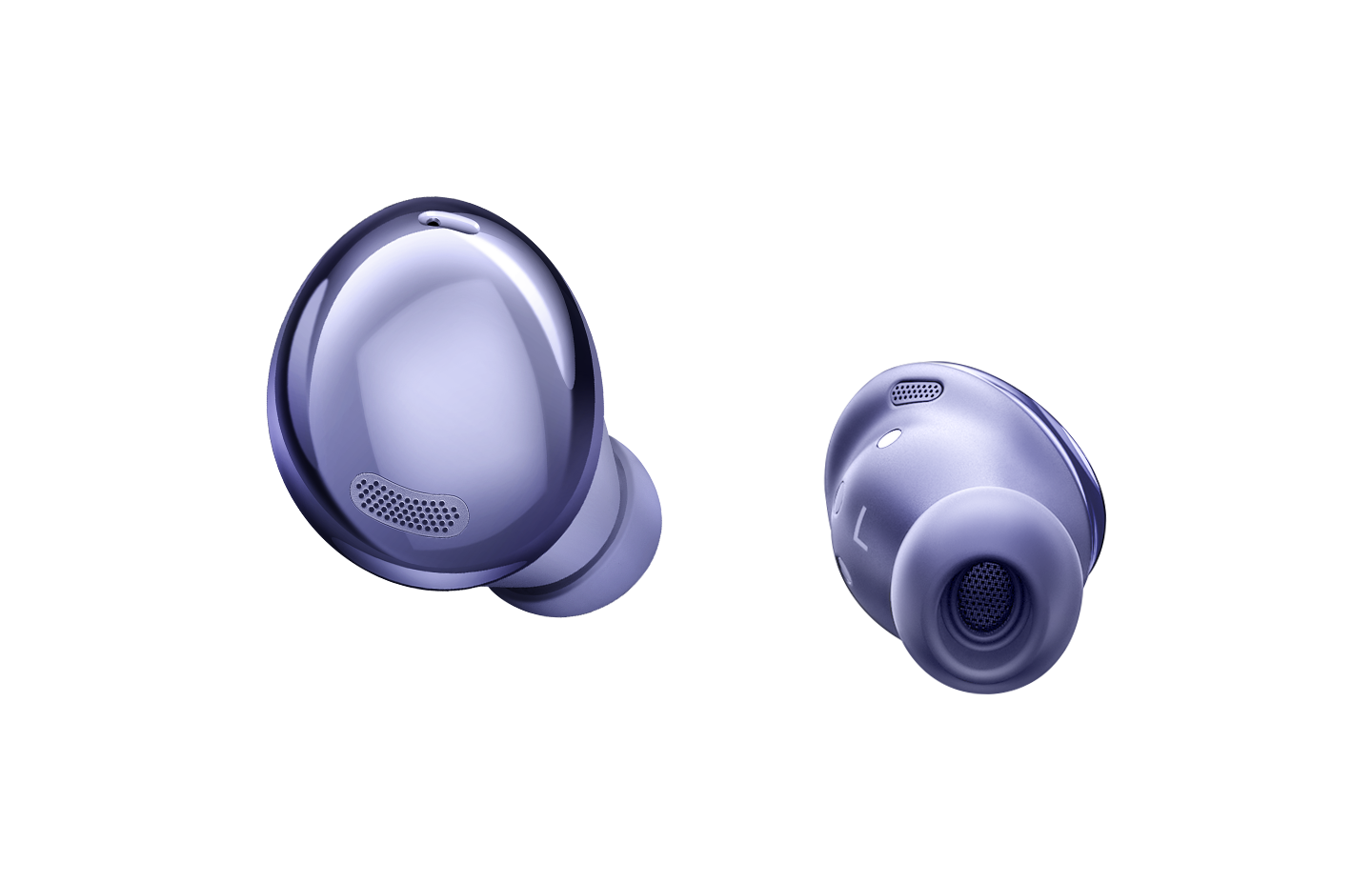 Galaxy Buds Pro earbuds in Phantom Violet is floating with bubbles around it to demonstrate the three-dimensional sound provided by 360 Audio.