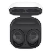 The image features a pair of Samsung Galaxy Buds3, known for their exceptional audio quality, nestled inside a compact charging case. The sleek white case contrasts nicely with the minimalist black design of the Buds3, which are securely housed
