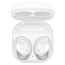 The image showcases a pair of Samsung Galaxy Buds3, elegantly nestled inside their charging case. The sleek white case is open, revealing the minimalist design of the Buds3, which features intuitive touch-sensitive controls for seamless audio.