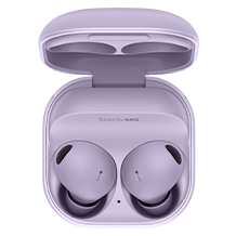 The image showcases a pair of Samsung Galaxy Buds3 in a lovely soft lavender color, elegantly nestled inside an open charging case. The compact rounded case features Sound by AKG on the interior, highlighting the exceptional audio quality of.