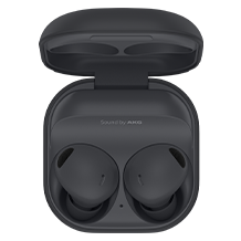 The image showcases a pair of Samsung Galaxy Buds3, elegantly nestled in their compact charging case. The case is open, displaying the sleek black design of the Buds3, which highlight a modern audio experience perfect for on-the-go listening.