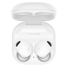 This image features a pair of white Samsung Galaxy Buds3 wireless earbuds nestled inside their sleek, minimalist charging case. Slightly opened, the case showcases the earbuds and displays the text Sound by AKG, highlighting their premium.