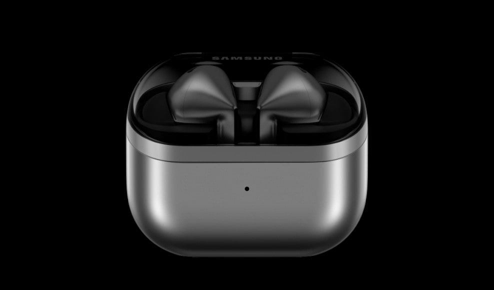 The image features a pair of Samsung Galaxy Buds3, renowned for their sleek design, resting inside a compact charging case. With their glossy black finish set against a dark background, these wireless earbuds highlight modern audio technology.