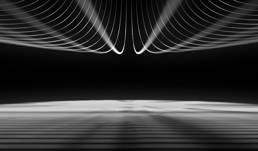 The image showcases a minimalist black and white design featuring curved lines converging at the top, creating a sense of depth. The bottom half displays horizontal stripes, enhancing the visual contrast and giving a dynamic, abstract feel that.