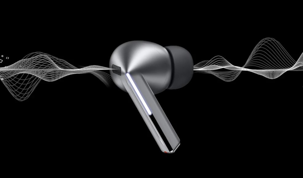 A sleek, modern Samsung Galaxy Buds3 wireless earbud is displayed against a black background, showcasing its metallic finish and innovative design. Sound waves visually emanate from the Buds3, highlighting its audio capabilities and high-tech.