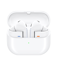 The image features a pair of Samsung Galaxy Buds3, specifically the R630nzaaasa model, nestled in their sleek charging case. The case is slightly ajar, showcasing the earbuds, which are illuminated by a gentle green light, indicating they are.