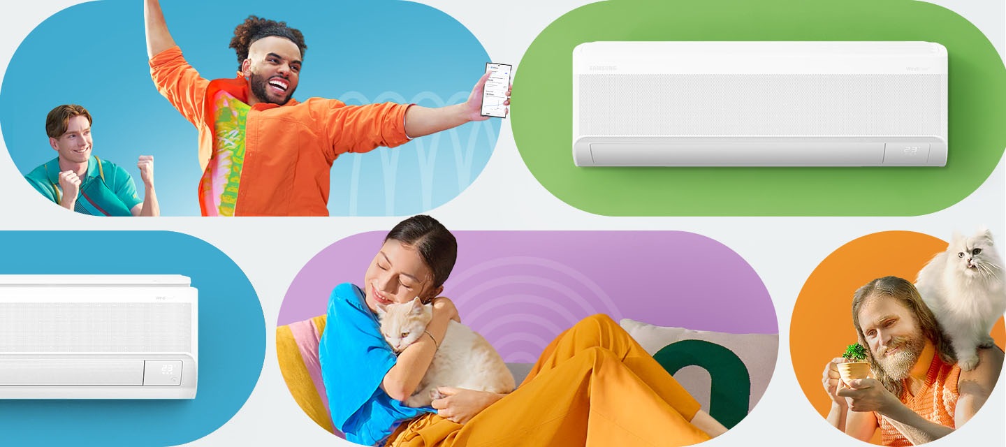 There are men, women and pets in various life scenarios next to different types of Samsung WindFree products. The screen slides right to reveal more people and products, indicating  the title; That's why 13million users choose WindFree™.