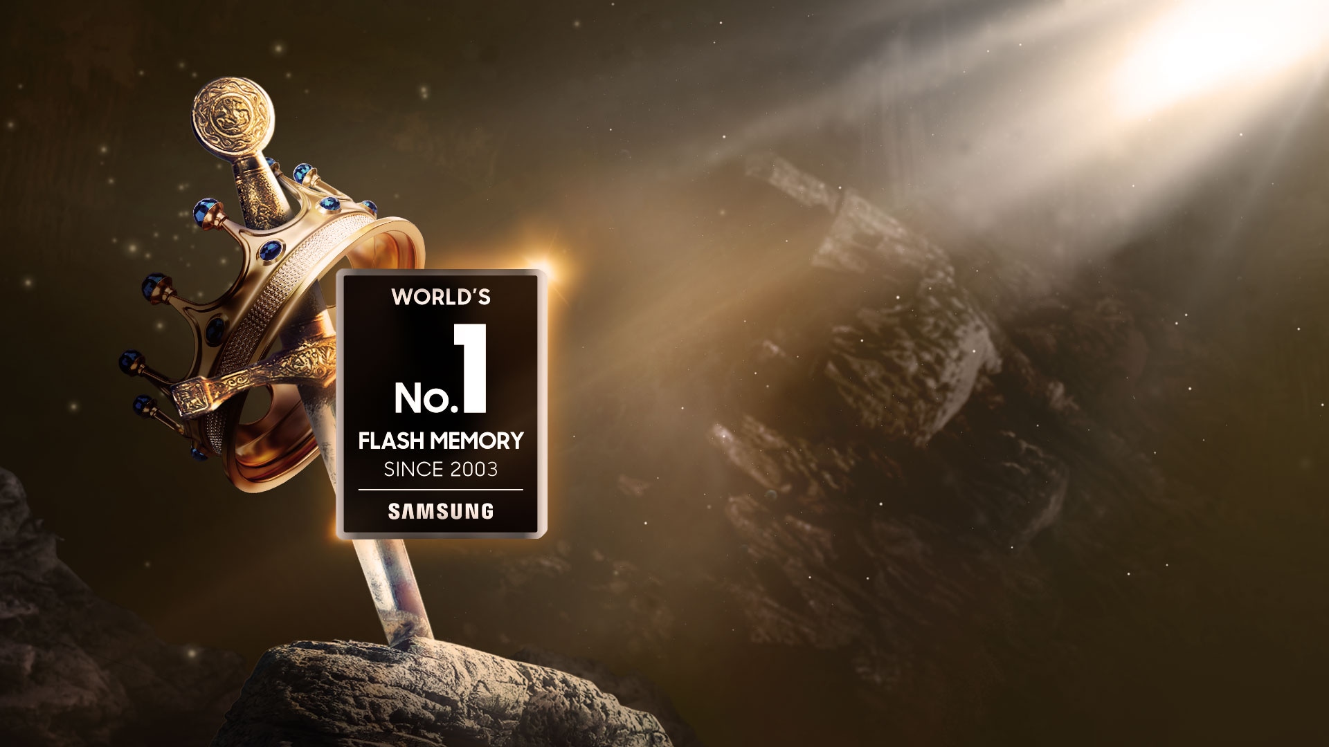 In front of a crown and a sword in a stone, a logo certifies Samsung as the world’s no.1 flash memory brand.