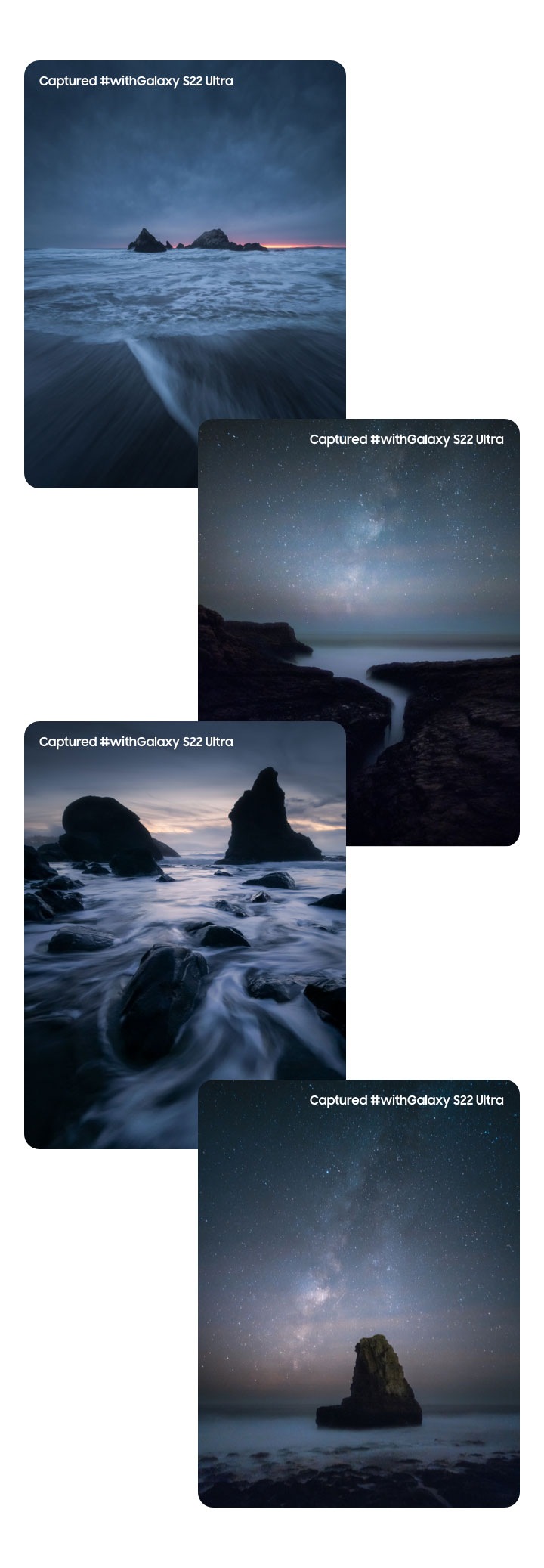 Collage of beach rock formations in front of starry skies. Captured #withGalaxy S22 Ultra