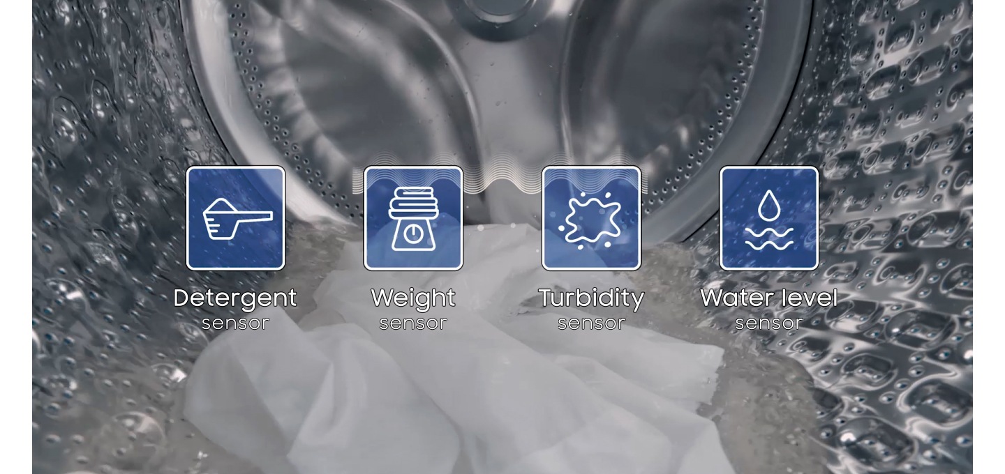 There are icons for the AI function of Samsung washer dryer that can be personalized for you. Then the icons are into the smartphone, and then 'Need a activewear cycle?' phrase pops up on the smartphone. A woman holding the smartphone is watching personalized cycle suggestions, Cloudy day, Activewear, SuperSpeed, and Bedding, from the mobile. And she is choosing the 'Activewear' cycle for washing clothes. After then, the Samsung washer dryer combo is setting automatically the cycle recommended from the current wash cycle.